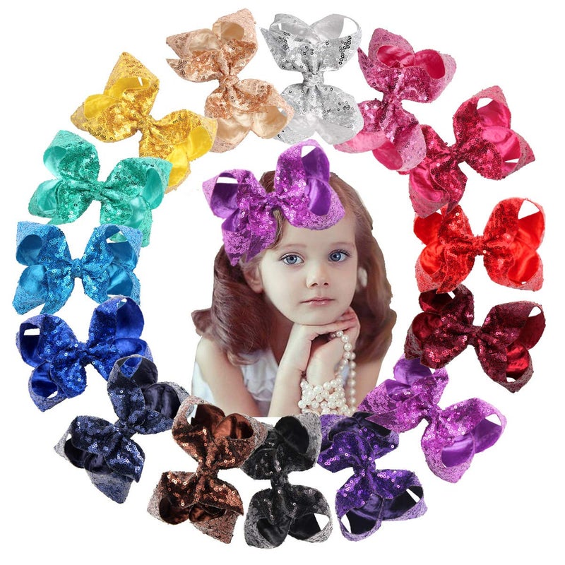 CellElection 15Pcs Bling 6 Inch Hair Bows Large Big Sparkly Glitter Sequin Bows Alligator Hair Clips for Baby Girls Toddlers Kids Children Teens - Image 1